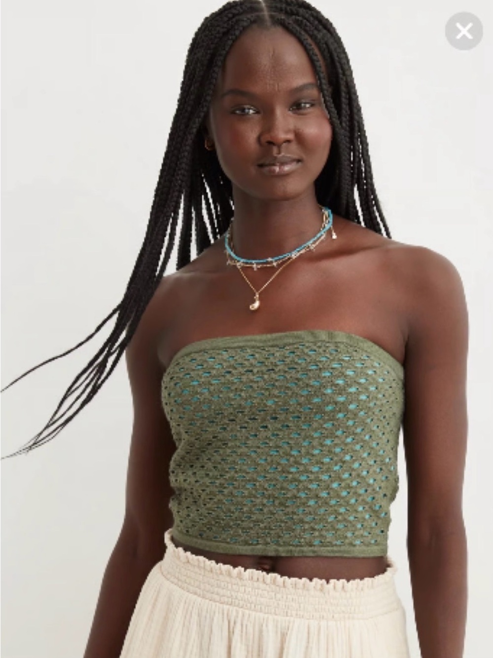 aerie Olive Green Crochet Strapless Tube Top with Teal Accents